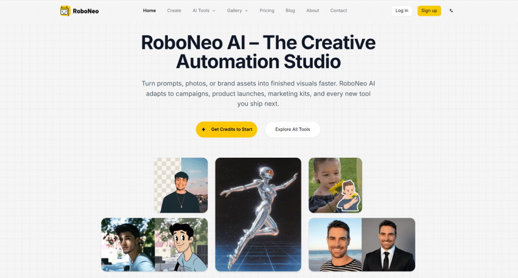 RoboNeo AI homepage – The Creative Automation Studio landing page with image generation examples.