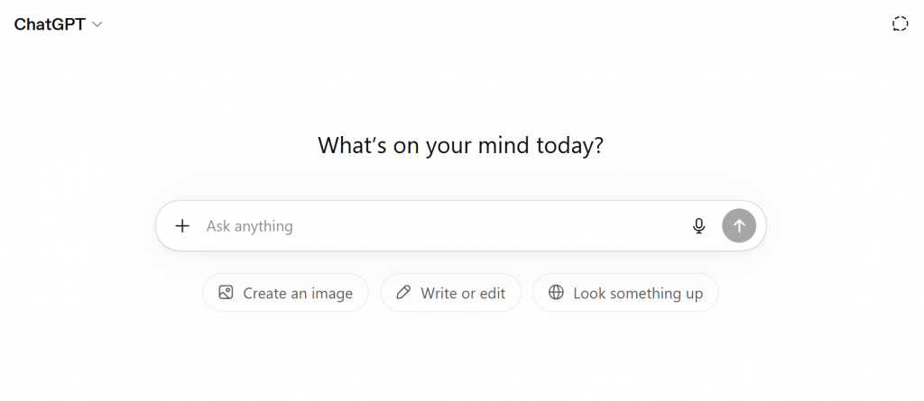 OpenAI ChatGPT minimalist user interface with an input box asking "What's on your mind today?".