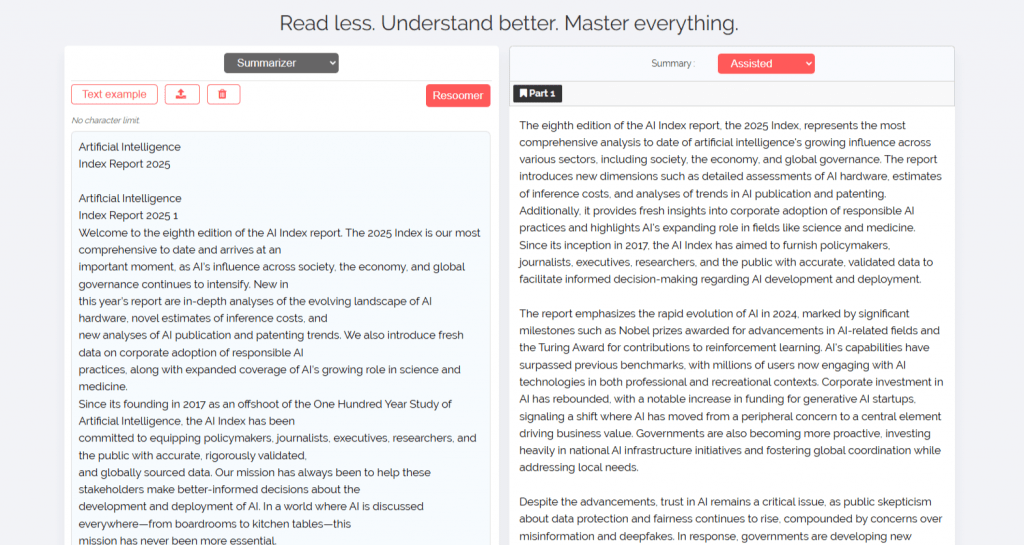 Resoomer dashboard interface demonstrating text summarization of an Artificial Intelligence Index Report document with original text on the left and generated summary on the right.