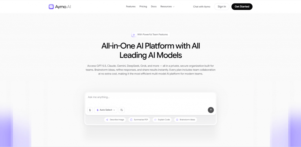 Aymo.AI landing page displaying "All-in-One AI Platform with All Leading AI Models" text and a central chat interface box.