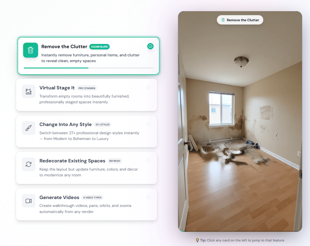 SofaBrain AI tool interface highlighting the Remove the Clutter feature on an empty, unrenovated room.