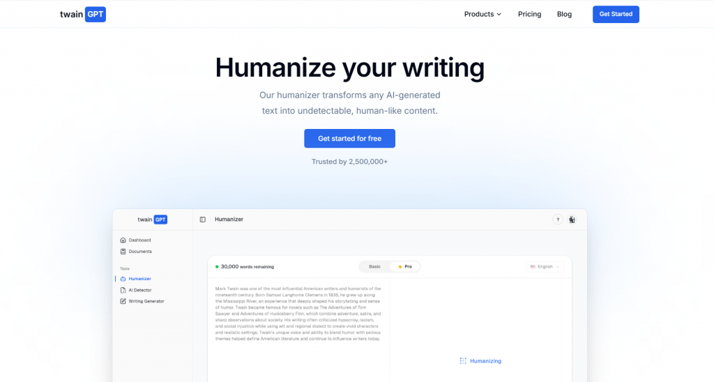 Twain GPT homepage interface with the headline Humanize your writing and a preview of the AI text humanizer tool dashboard.