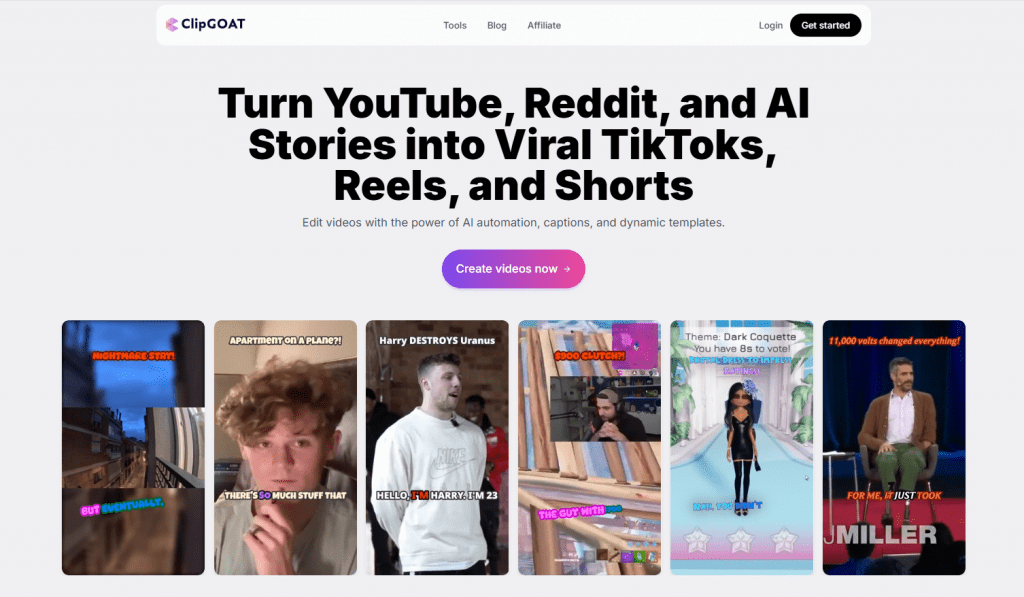 ClipGOAT website homepage hero section with the headline "Turn YouTube, Reddit, and AI Stories into Viral TikToks, Reels, and Shorts".