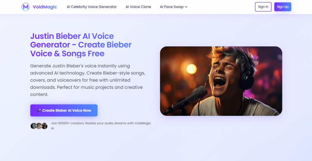 VoidMagic interface for the Justin Bieber AI voice generator showing a singer performing with headphones on a light purple background.
