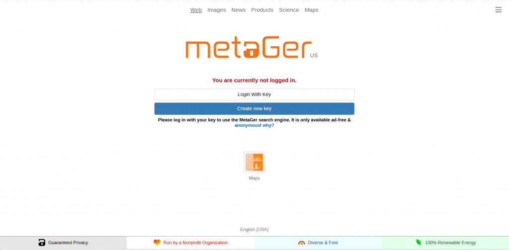 MetaGer privacy-focused search engine login screen displaying keys and nonprofit organization values.