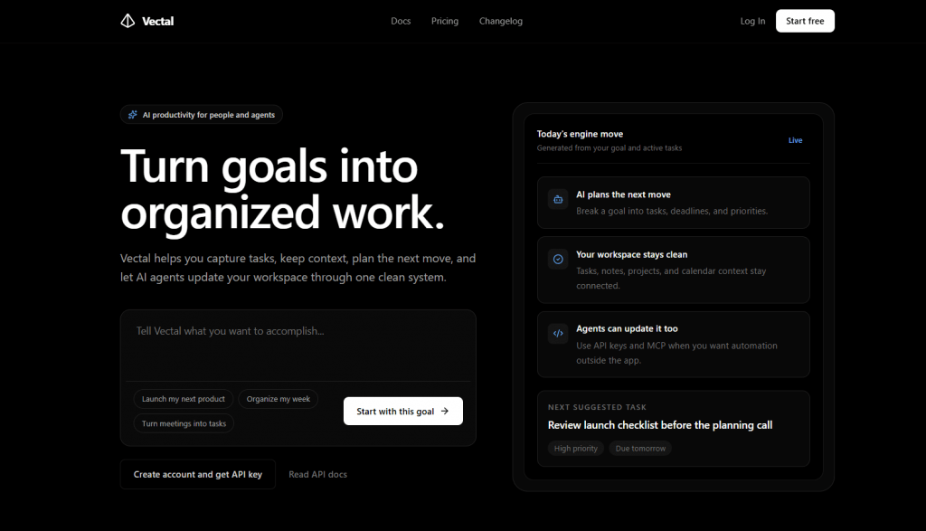 Vectal AI landing page with the headline Turn goals into organized work.