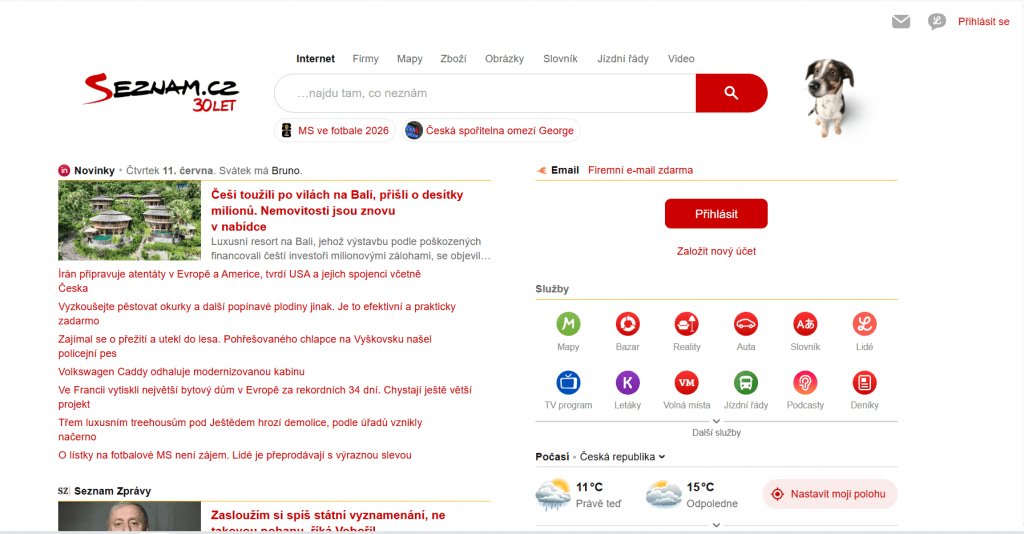 Seznam.cz Czech web portal and search engine homepage with news articles, email login, and service icons.