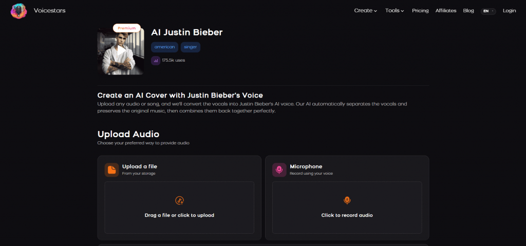 Voicestars dark theme dashboard for creating AI music covers with options to upload audio files or use a microphone.
