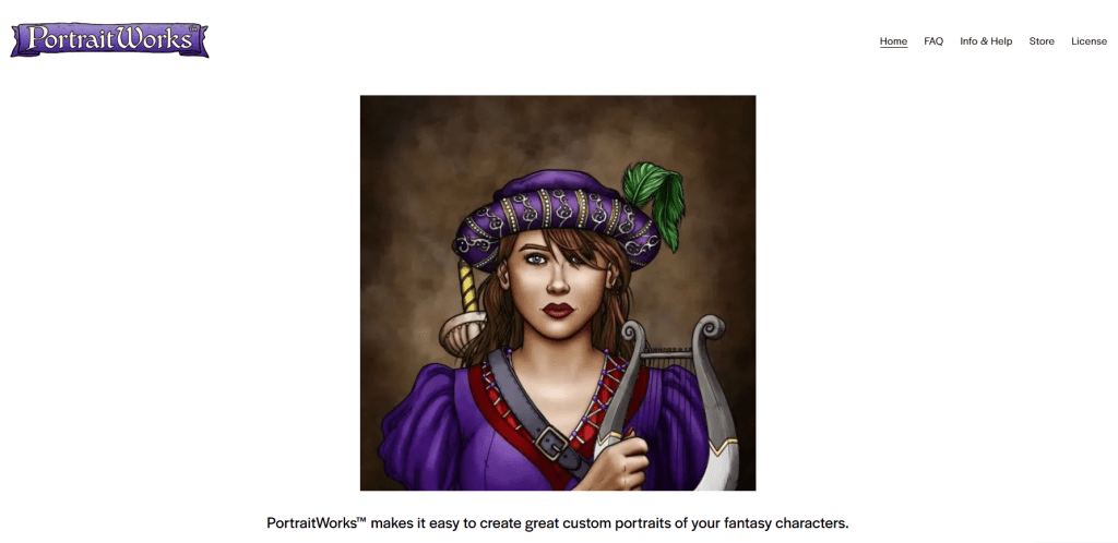 Screenshot of the PortraitWorks website homepage featuring a colorful, hand-drawn style custom fantasy character portrait of a female bard with a lyre and feathered hat.