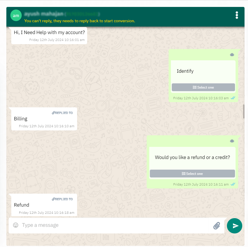 Mobile chat interface showing a simulated WhatsApp customer support conversation powered by an automated ChatQ AI bot.