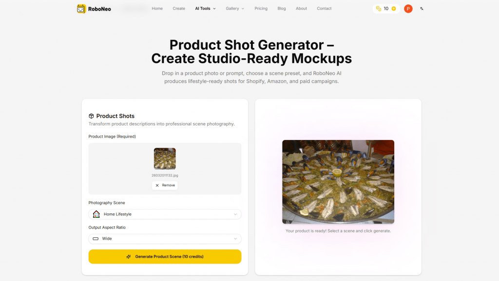 RoboNeo AI Product Shot Generator web interface displaying an e-commerce mockup tool.