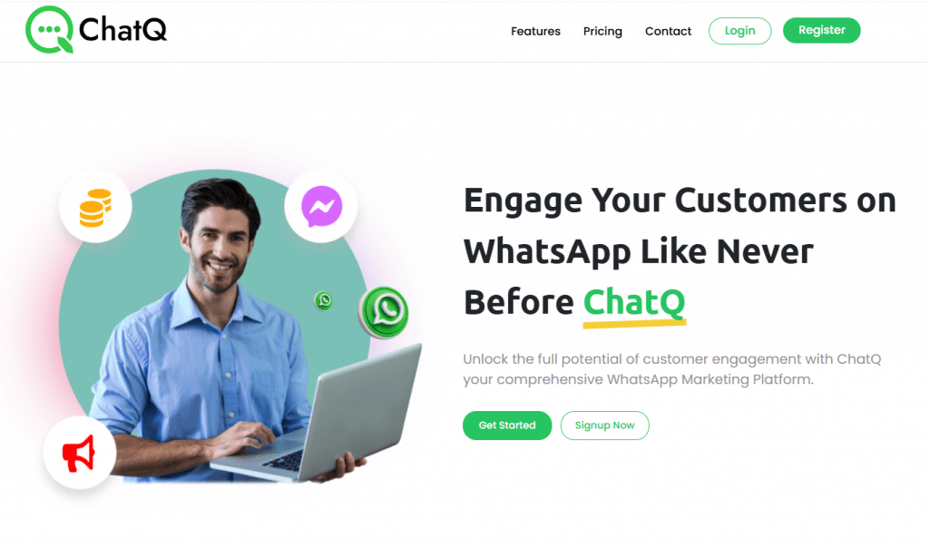 ChatQ website homepage banner featuring a smiling businessman with a laptop and customer engagement icons for WhatsApp.
