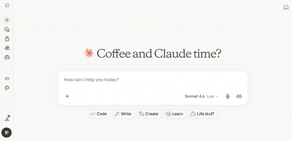 Claude AI interface with a search bar showing the greeting message How can I help you today.