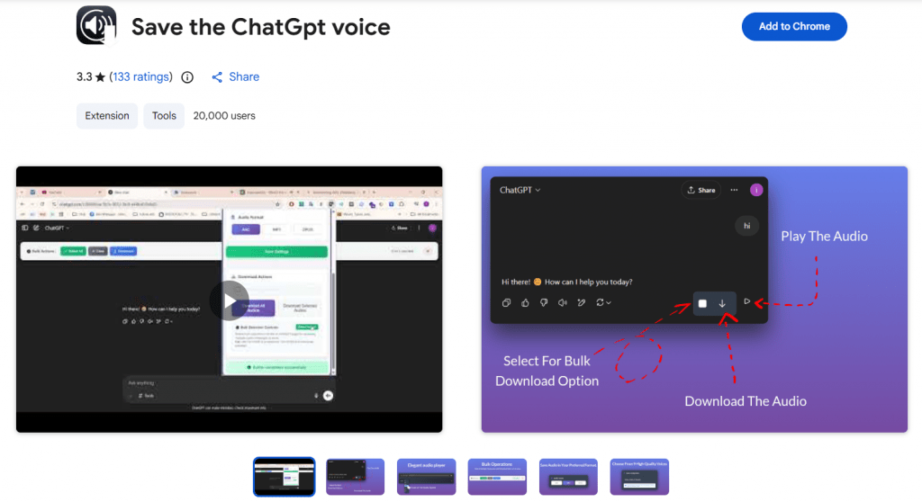 Save the ChatGPT Voice Chrome extension dashboard showing options to play, select, and bulk download audio responses from ChatGPT.