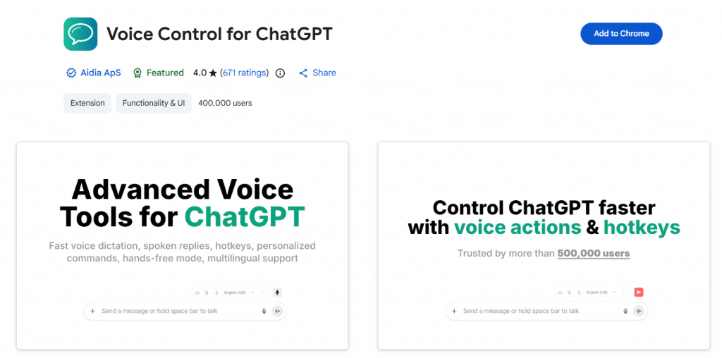Features of Voice Control for ChatGPT Chrome extension highlighting advanced voice tools, hotkeys, and voice actions with 400,000 users.