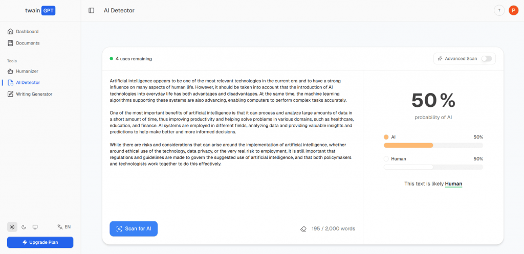 Twain GPT AI Detector interface showing a scanned text sample with a 50% probability score of being human or AI-generated.