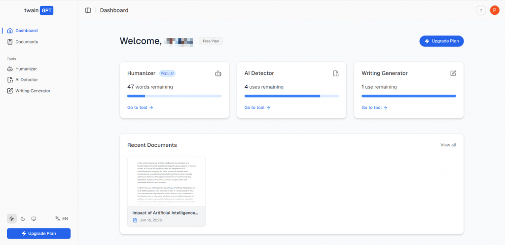 Twain GPT user dashboard main page showing shortcuts to Humanizer, AI Detector, and Writing Generator tools with recent documents.