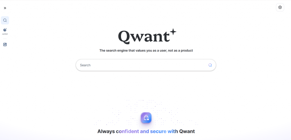 Qwant search engine homepage screenshot featuring the minimalist search interface and privacy slogan.