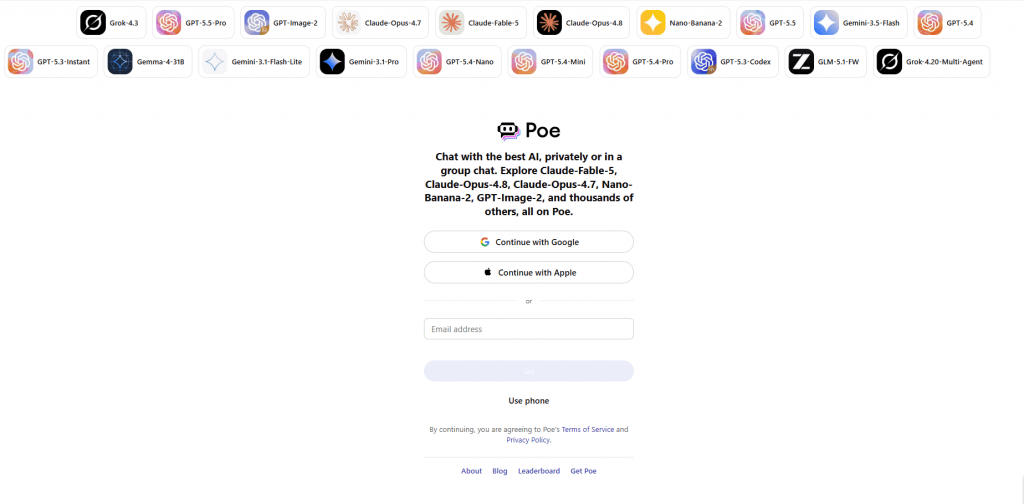 Poe login page by Quora showcasing a top grid of available AI models including Claude, GPT, Gemini, and Grok.