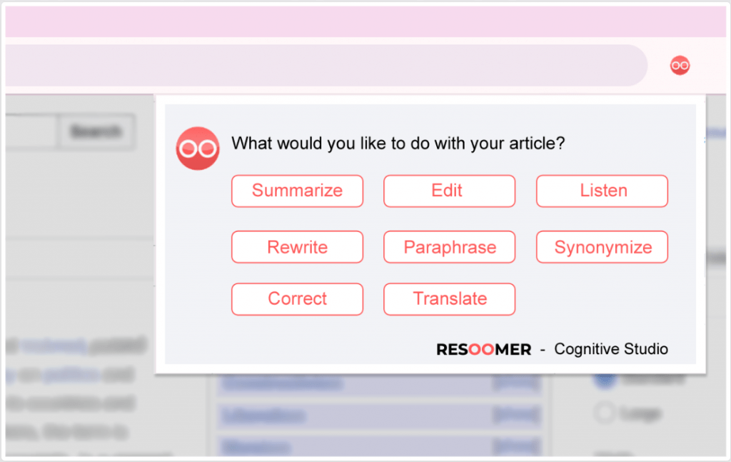 Resoomer Cognitive Studio browser extension menu overlay showing features like Summarize, Edit, Listen, Rewrite, Paraphrase, Synonymize, Correct, and Translate.