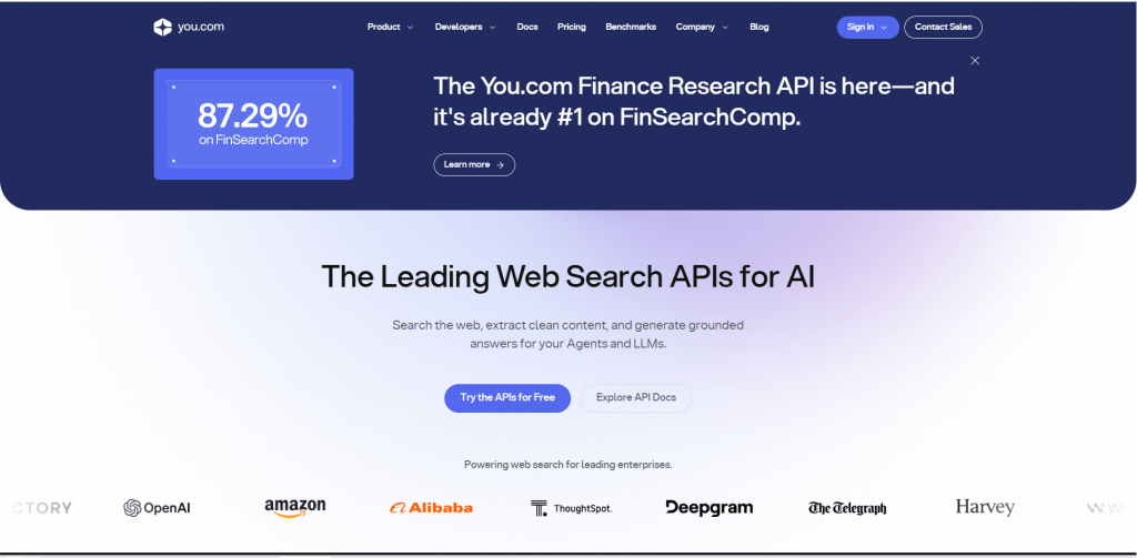 You.com homepage promoting the leading web search APIs for AI models and LLMs with enterprise partner logos.