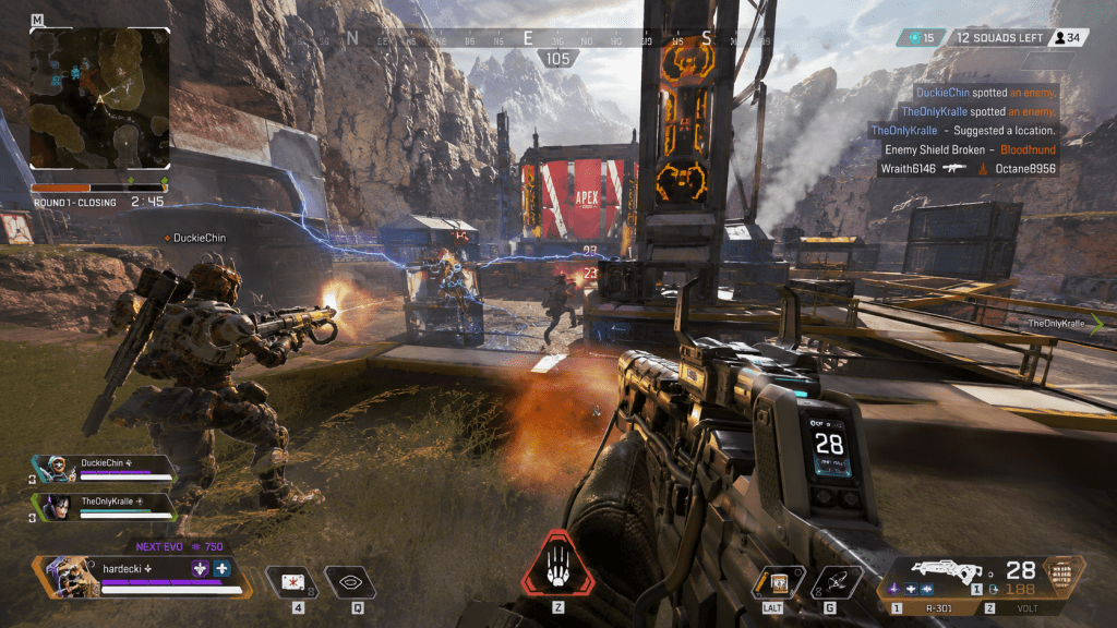 Intense Apex Legends firefight and shield break near a respawn beacon