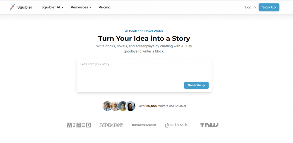 Squibler AI book and novel writer website homepage with a text box to turn ideas into a story.