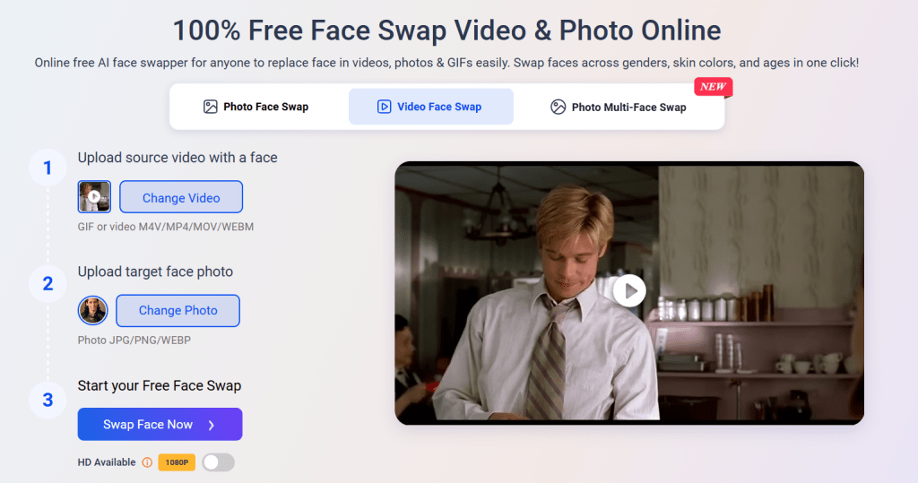 Step-by-step interface of MioCreate free online AI video face swap tool with options to upload source video, target face photo, and start swapping.