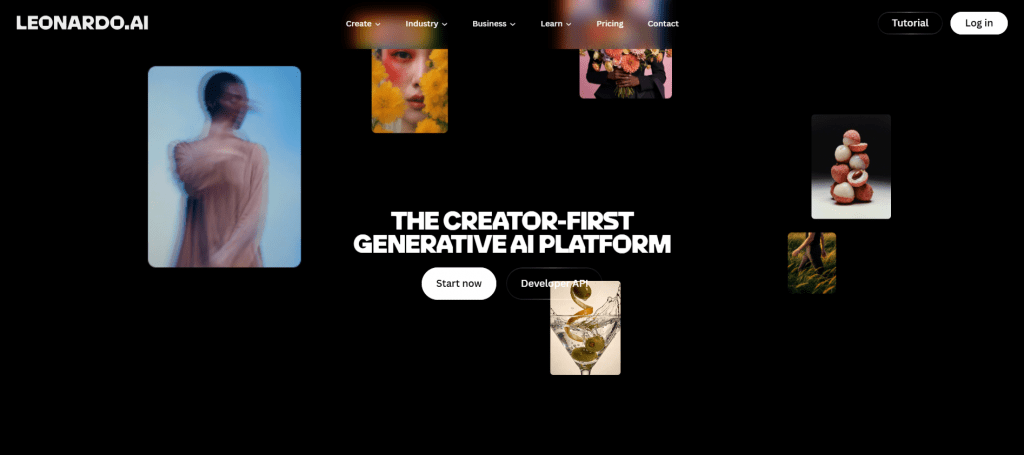 The dark mode homepage of Leonardo.AI website with the headline The Creator-First Generative AI Platform surrounded by abstract creative images.