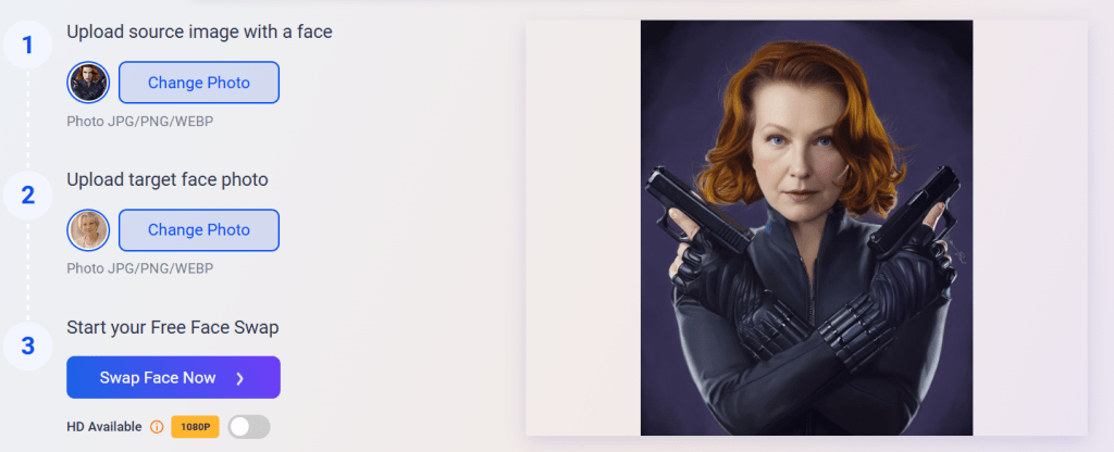 Preview of a finished online photo face swap on MioCreate showing a woman with red hair holding two guns.