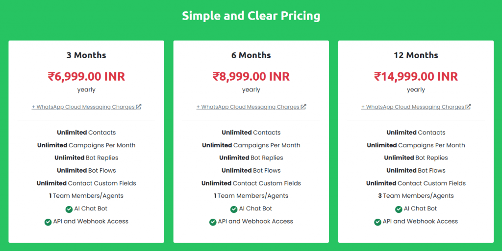 ChatQ pricing plans grid showing 3-month, 6-month, and 12-month subscription options in Indian Rupees (INR) with unlimited features.