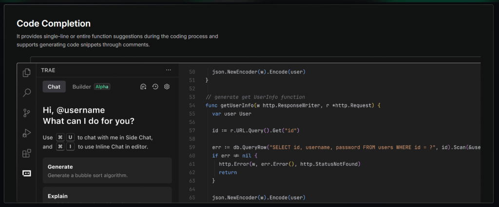 Trae AI code completion feature displaying single-line and entire function suggestions with comment-driven code generation inside a Go file.