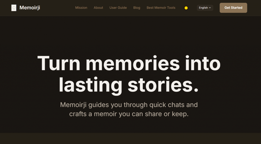 Memoirji website hero section with the headline Turn memories into lasting stories.