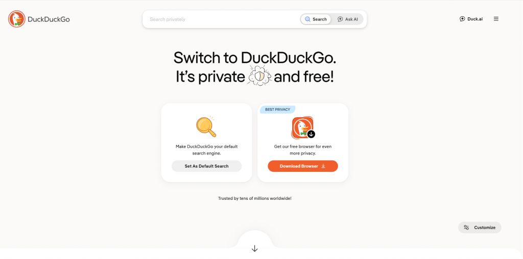 DuckDuckGo private search engine homepage interface featuring options to set as default search or download the browser.