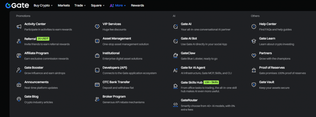 Gate platform dropdown mega menu showcasing Promotions, AI services like GateAI Bot, GateClaw, GateRouter, and general trading features.