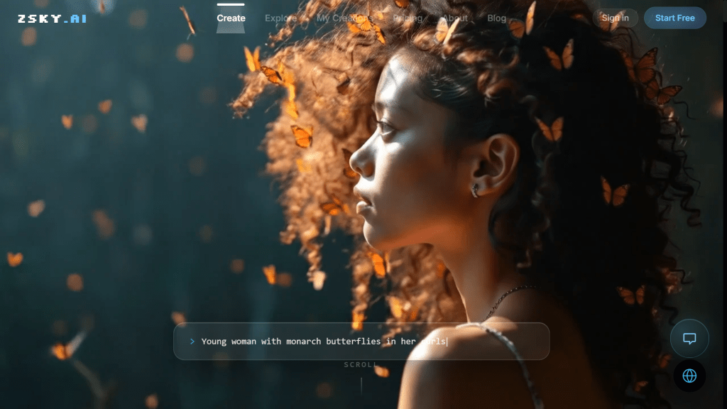Screenshot of Zsky.AI website landing page displaying a cinematic profile portrait of a woman surrounded by glowing monarch butterflies in her hair.