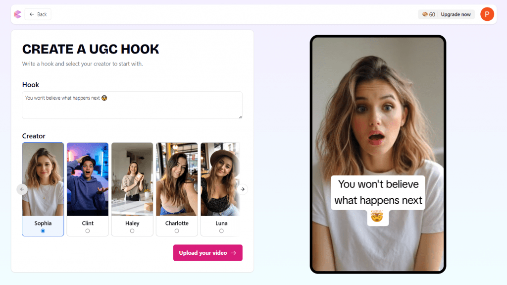 ClipGOAT Create a UGC Hook tool page featuring AI avatars like Sophia and Clint with an preview of a vertical video overlay.