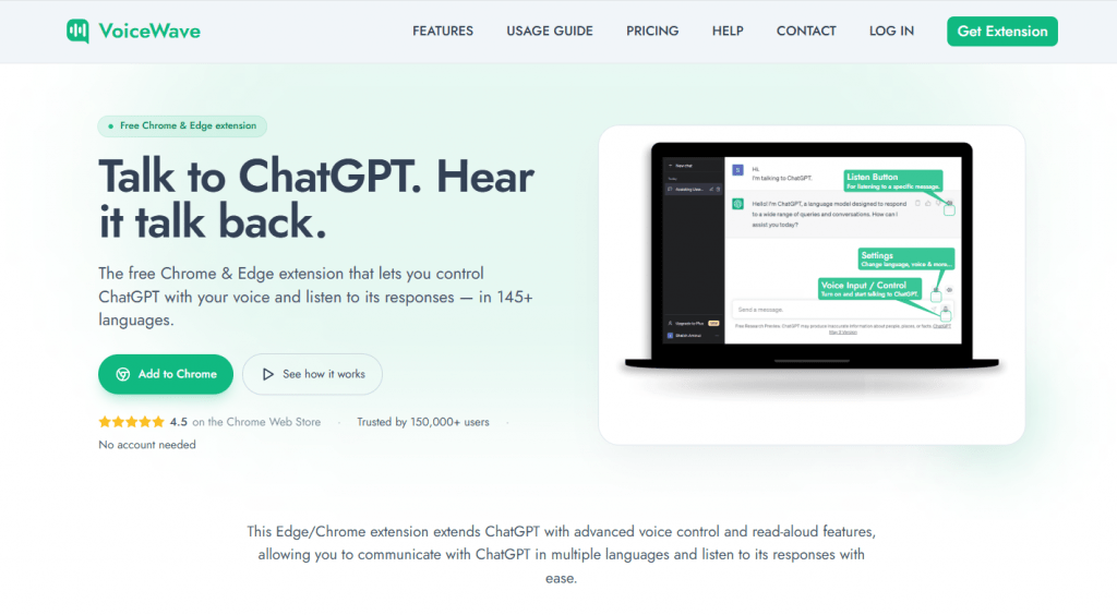 VoiceWave Chrome and Edge extension homepage with the tagline "Talk to ChatGPT. Hear it talk back." and an interface preview.