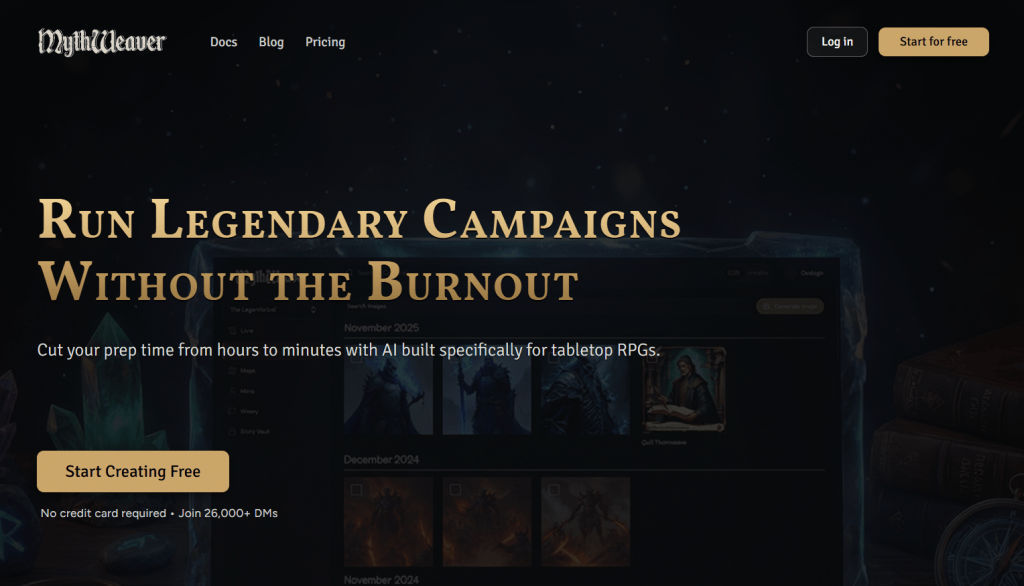 Homepage of MythWeaver AI platform showing the headline Run Legendary Campaigns Without The Burnout with dark tabletop RPG theme backgrounds.