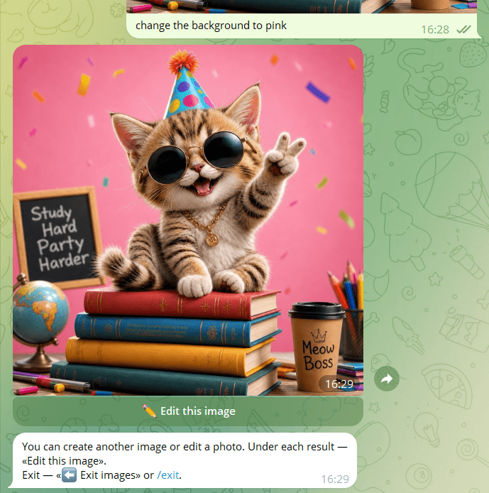 A revised AI-generated image of a kitten, now on a solid pink background, with an "Edit this image" button.