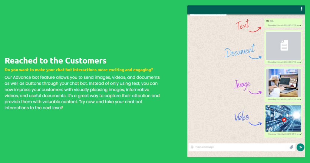 Promotional banner highlighting the ChatQ Advanced Bot feature supporting text, documents, images, and video messages on WhatsApp.