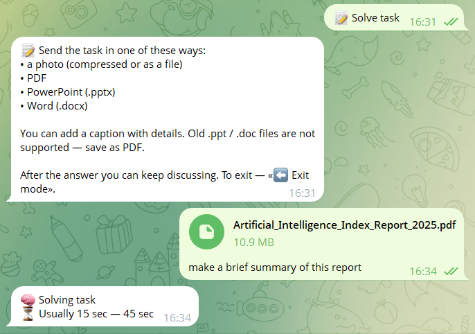 Telegram chatbot interface showing the steps to send a file for task solving.