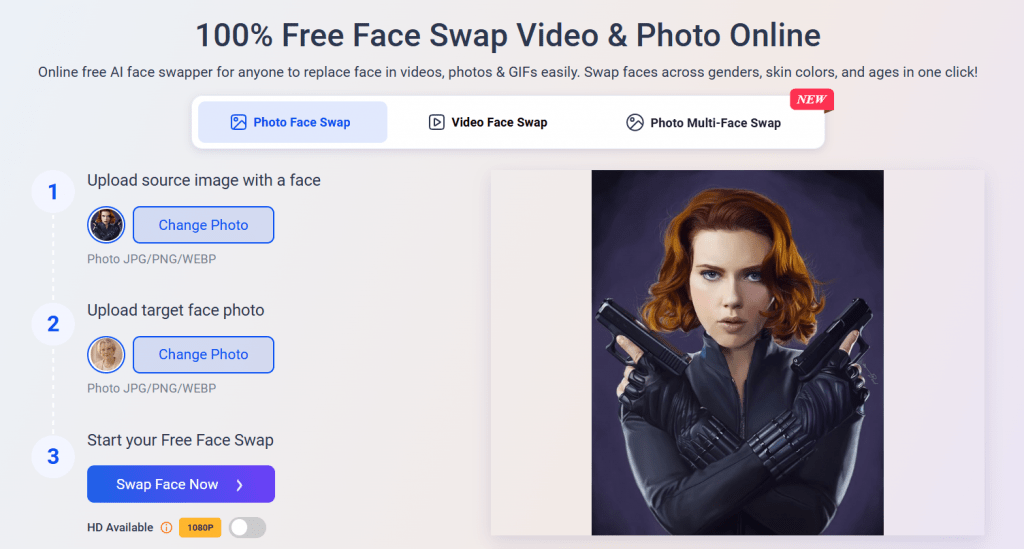 Interface of MioCreate 100% Free Face Swap Video & Photo Online platform featuring a placeholder image of a female spy with guns.