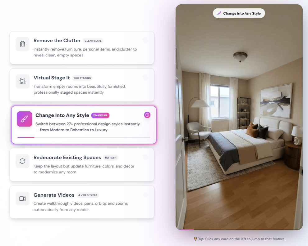 SofaBrain AI virtual staging app showcasing the Change Into Any Style feature with a fully furnished modern bedroom.