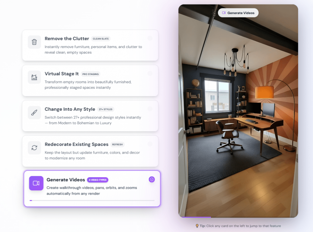 SofaBrain AI dashboard highlighting the Generate Videos feature with a preview of a mid-century modern home office.