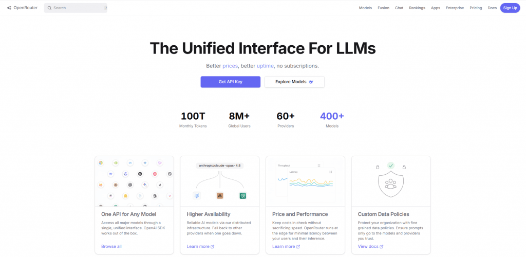OpenRouter homepage displaying "The Unified Interface For LLMs" with statistics on monthly tokens, global users, and available models.