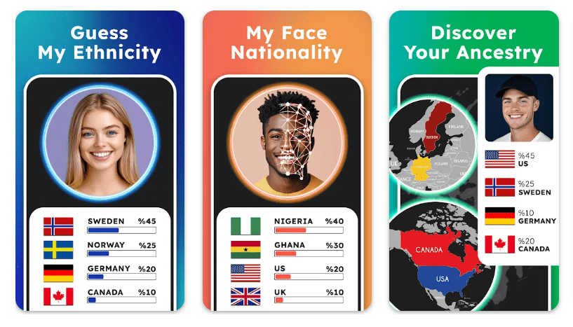 Mobile app interface screens showcasing AI ethnicity and nationality guesser with face scanning graphics and ancestry percentage breakdown by country.