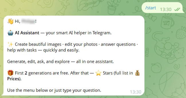 A Telegram AI assistant giving a welcome message about its features: creating images, editing photos, answering questions.