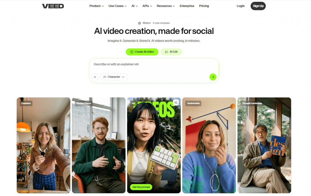 VEED.IO homepage displaying AI video creation tools tailored for social media content creation and editing.