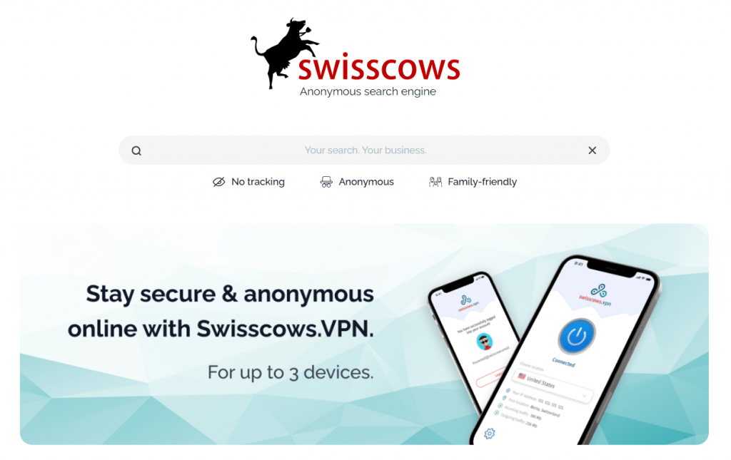 Swisscows anonymous search engine homepage with a banner promoting Swisscows VPN for multiple devices.